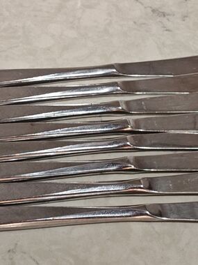8 EKCO ETERNA CORSAIR Stainless Japan Burnished Handle Dinner Knives
